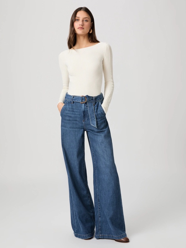 Paige Cameron High-Waist Wide Leg Jeans With Belt In Altitude